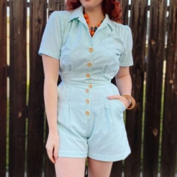 Loco Lindo Other - 1940s Style Loco Lindo Green Strip Seer Sucker Romper  jumpsuit XL